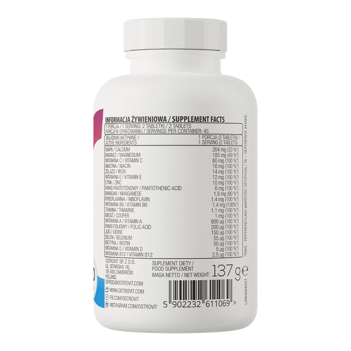 100% Vit&Min Multivitamin & Mineral Complex, 90 Tablets – ingredients & nutrition information