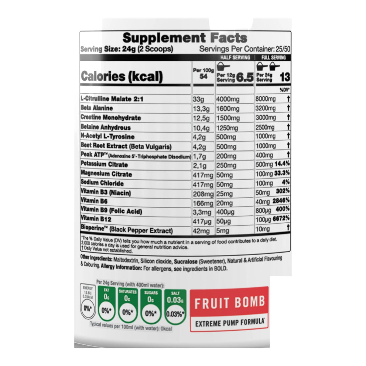 10X PUMP Non-Stim Pre-Workout (600g) – ingredients & nutrition information
