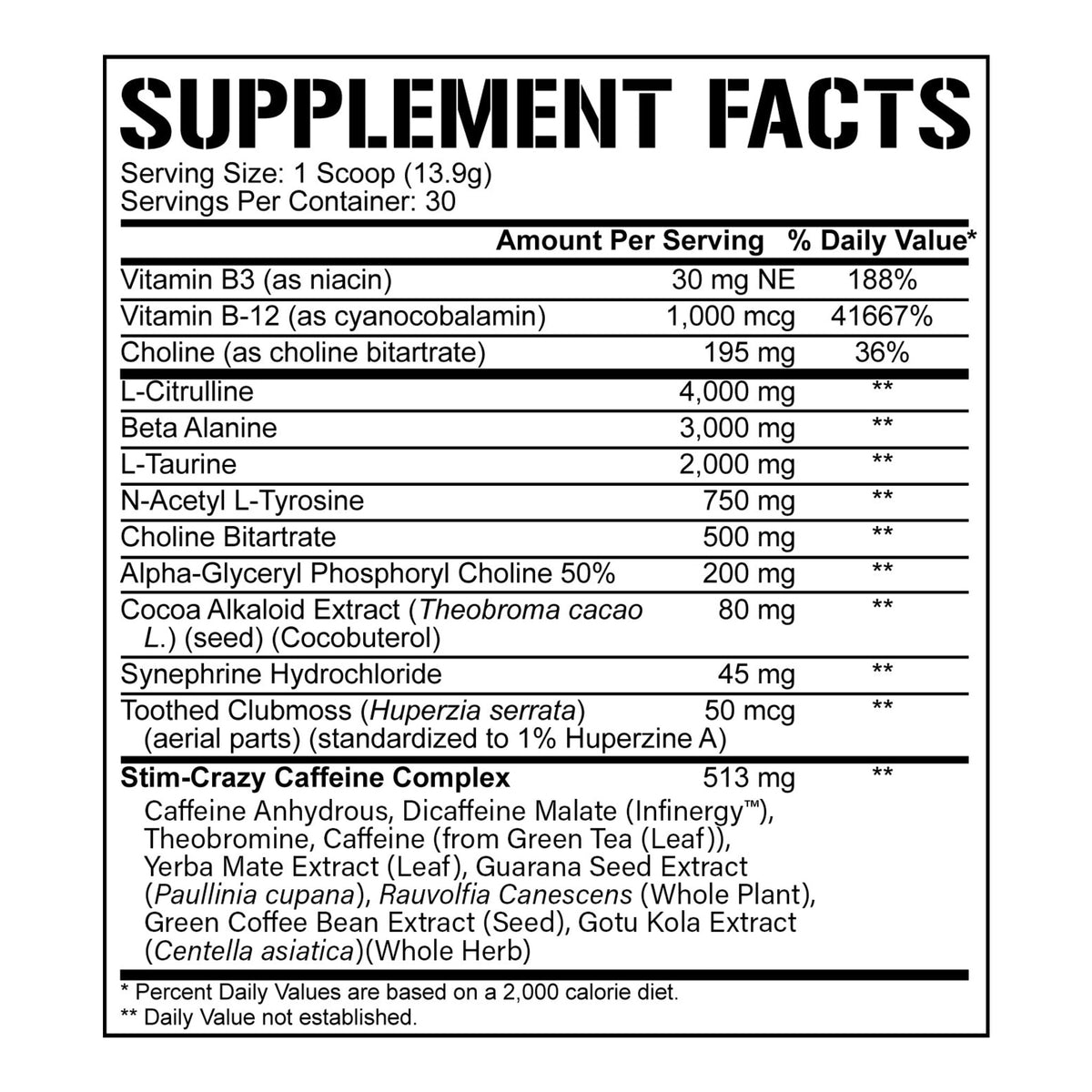 5150 Legendary Series Pre-Workout (375g) – ingredients & nutrition information