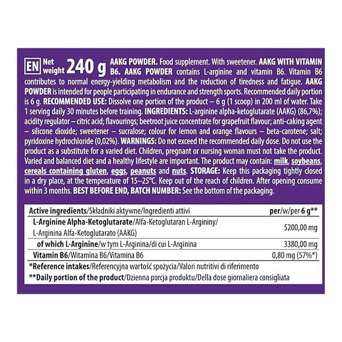 AAKG Powder (240g, 40 Servings) – ingredients & nutrition information
