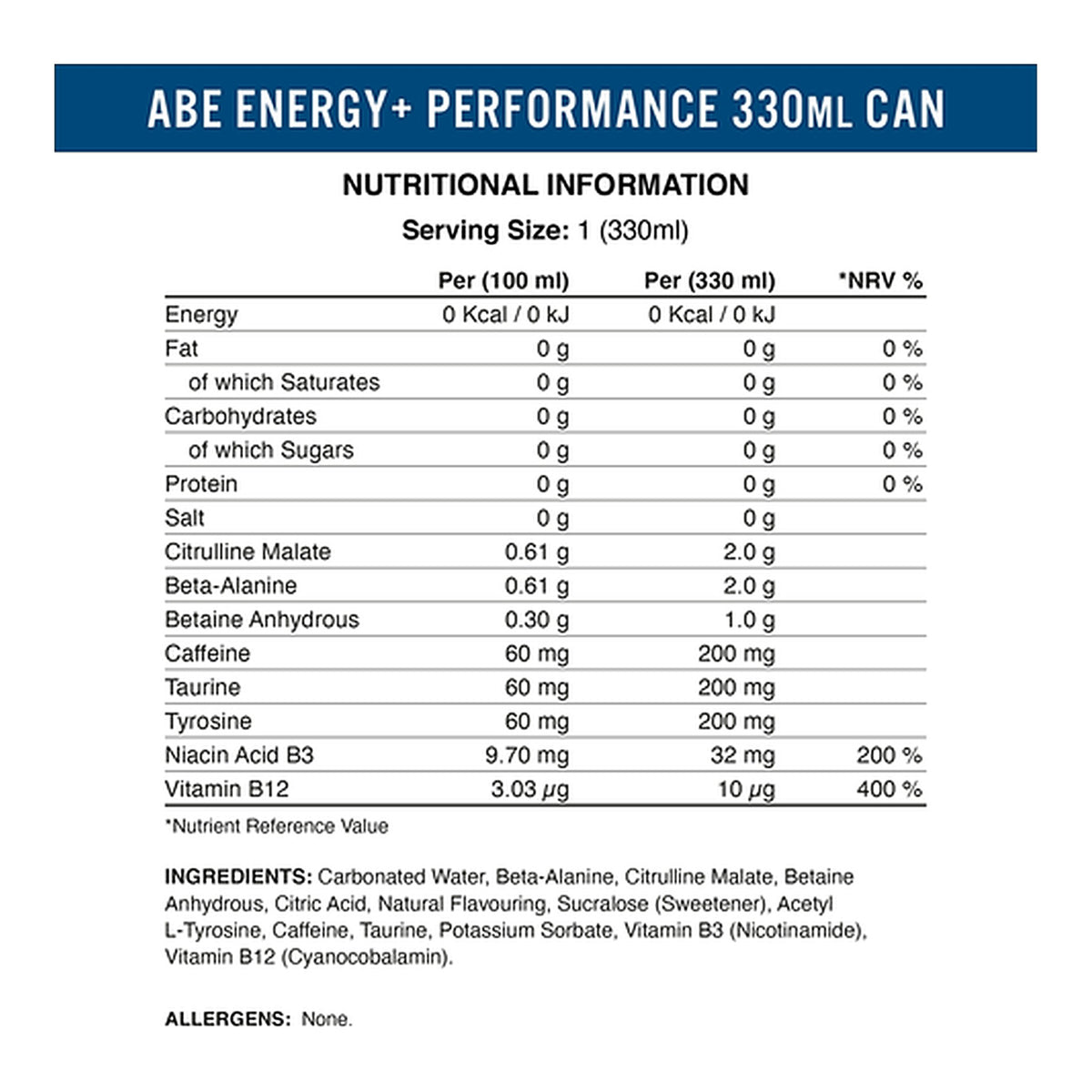 Applied Nutrition - ABE Energy Drinks - 330ml – ingredients & nutrition information