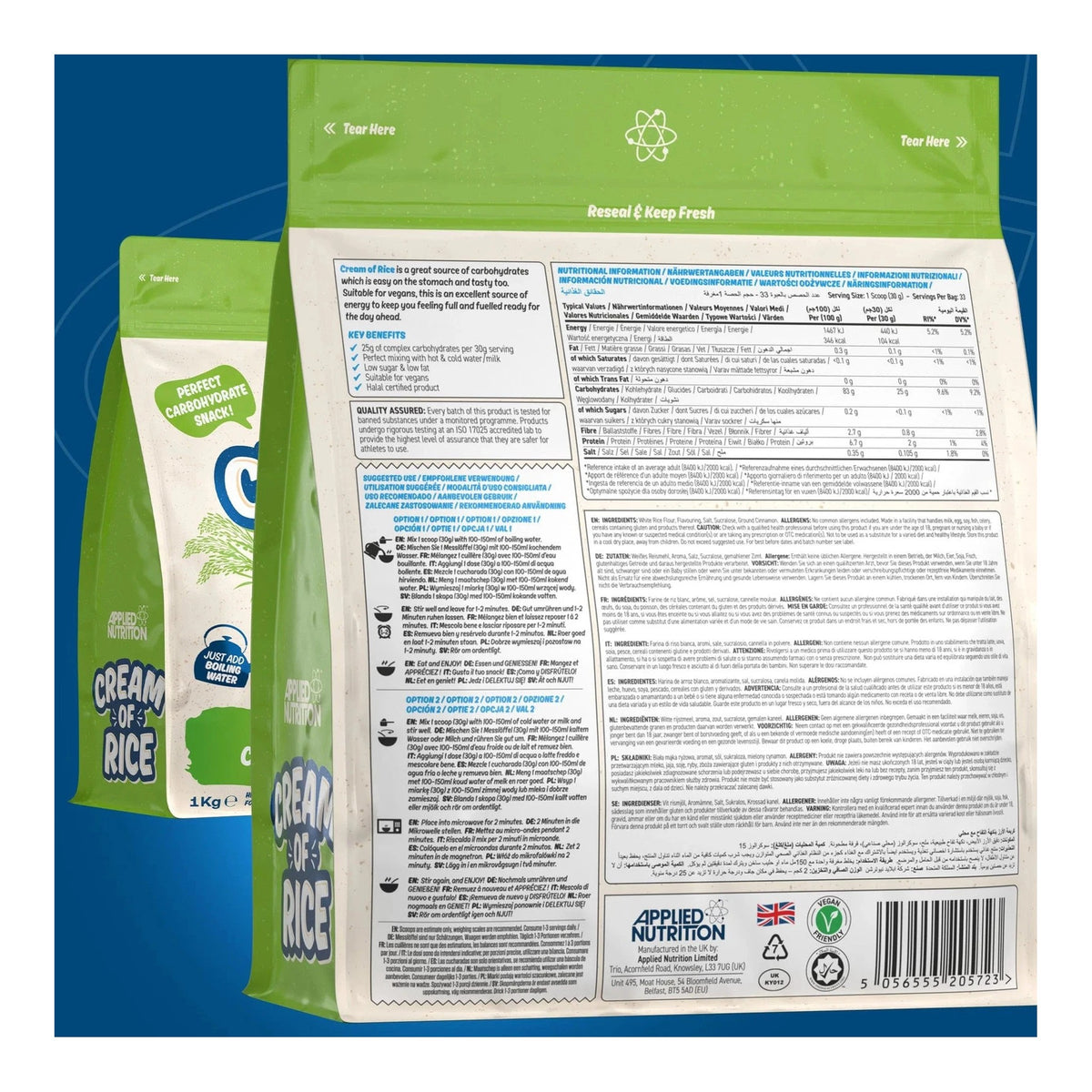 Applied Nutrition Cream of Rice - Premium Carbohydrate Source – ingredients & nutrition information