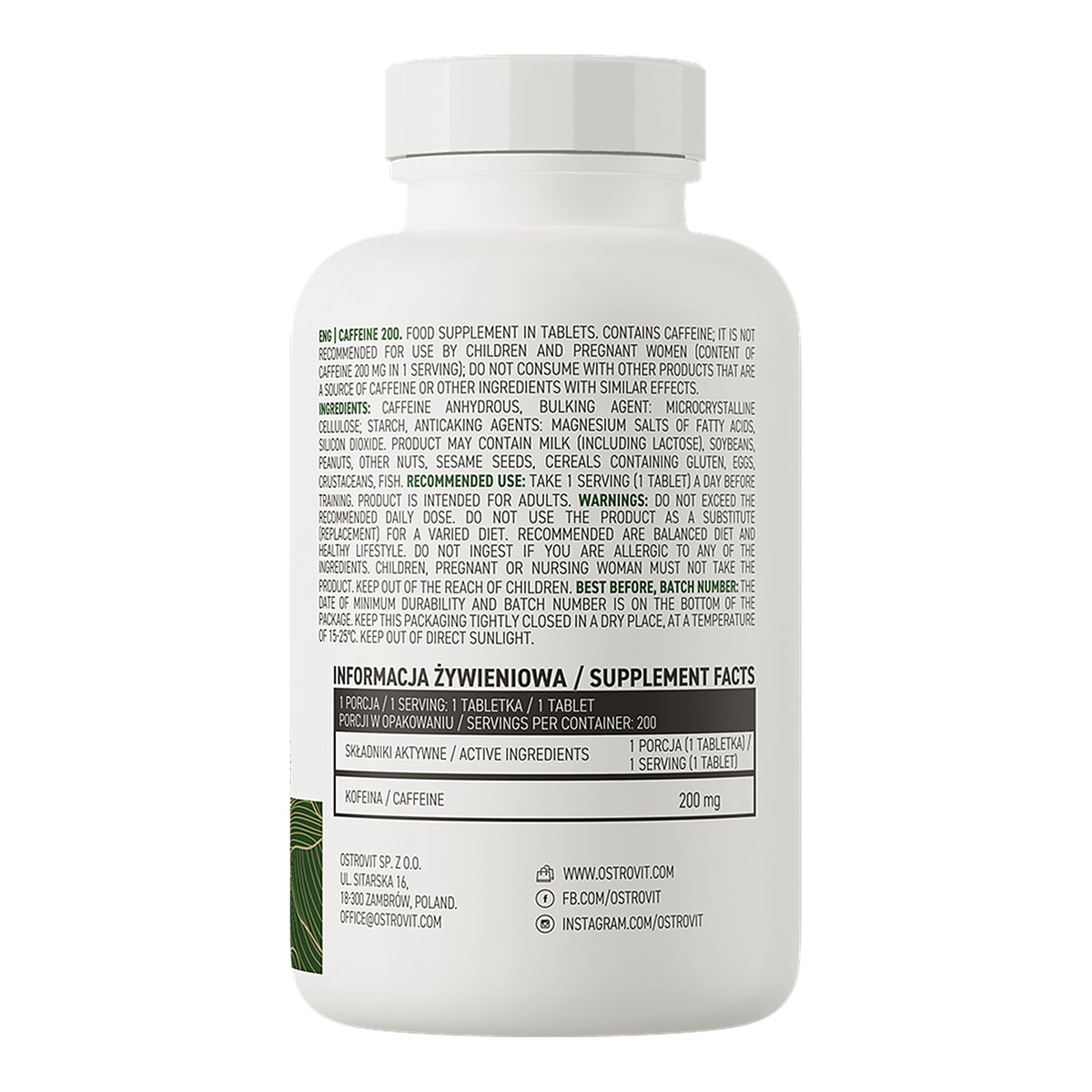Caffeine 200 mg Vege - 200 Tablets – ingredients & nutrition information