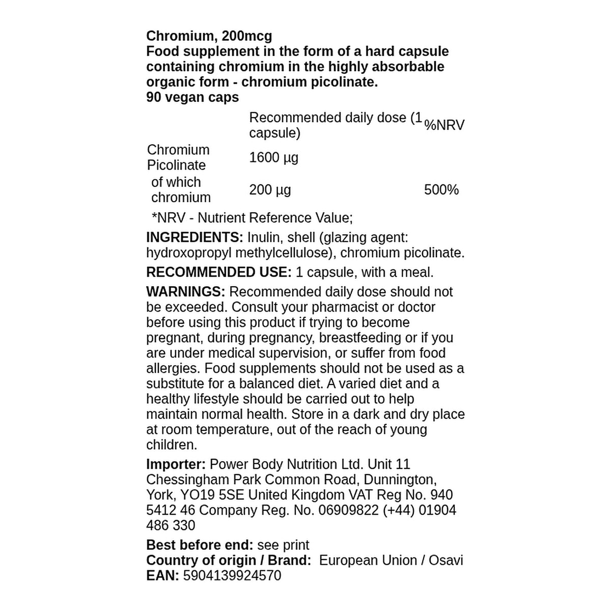 EL Chromium 200mcg, 90 Capsules – ingredients & nutrition information