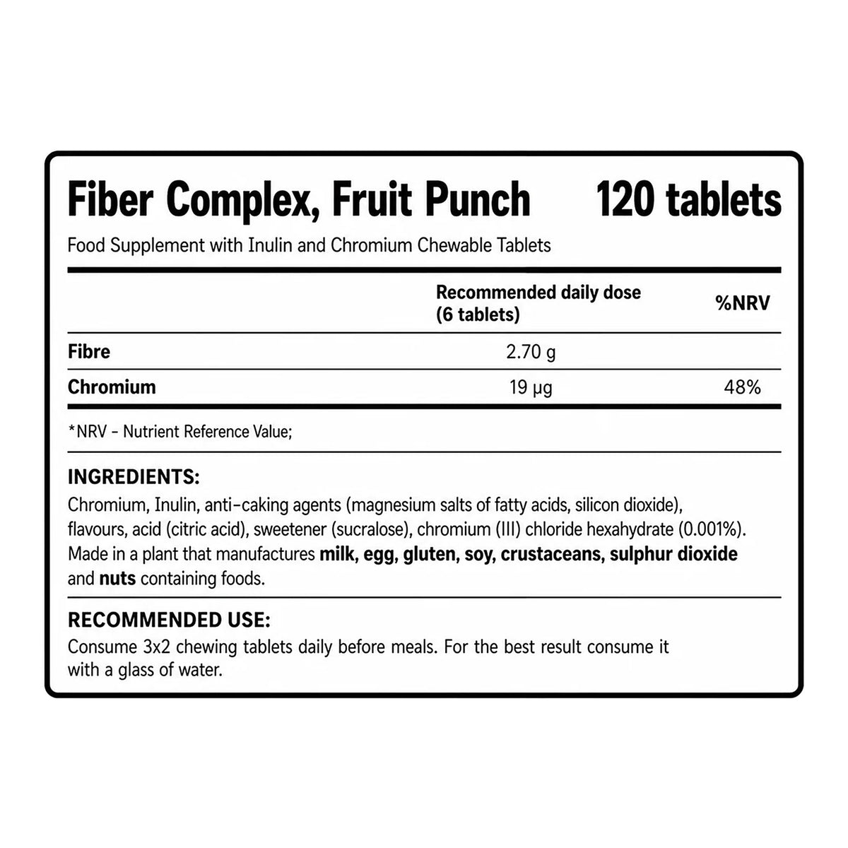 Fiber Complex Chewable Tablets, Fruit Punch, 120 Tablets – ingredients & nutrition information