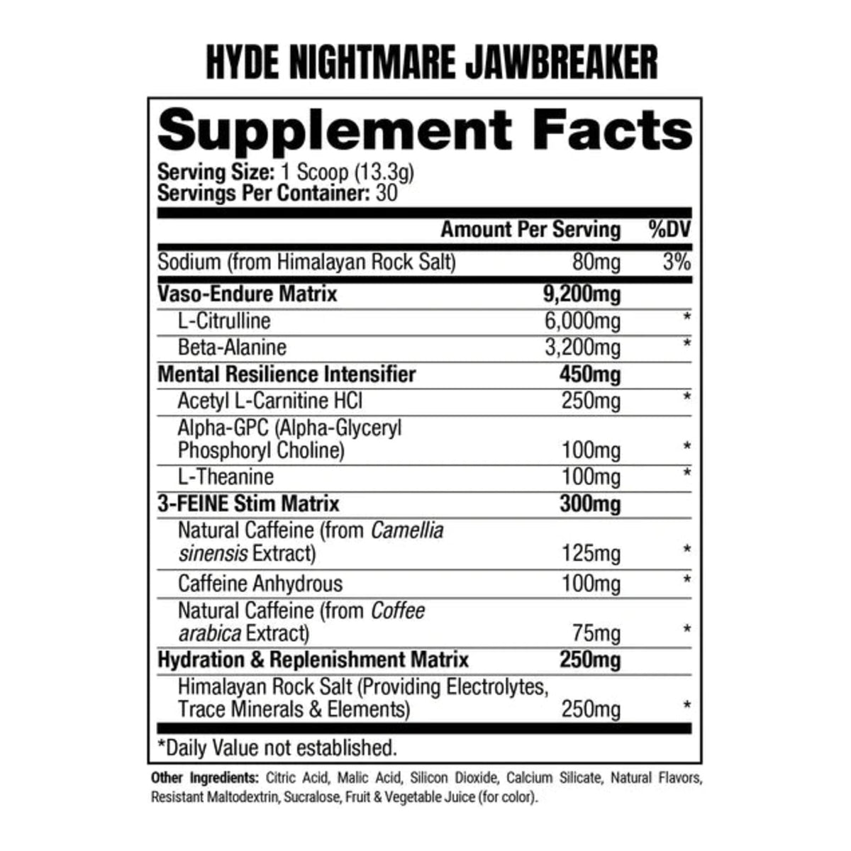 Hyde Nightmare Pre-Workout – Extreme Energy & Focus Booster 30 Servings – ingredients & nutrition information