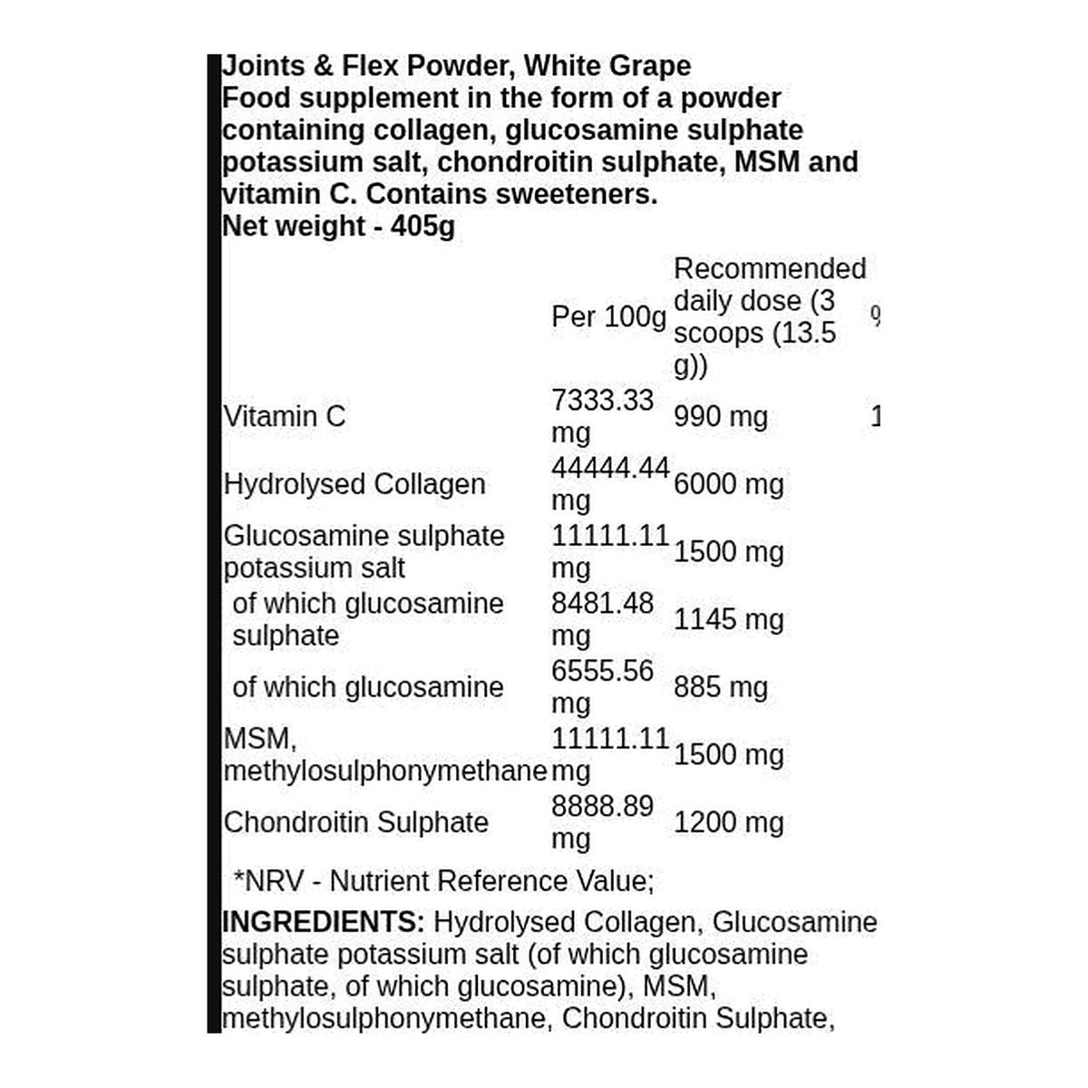 Joints & Flex Powder - White Grape (405g) – ingredients & nutrition information