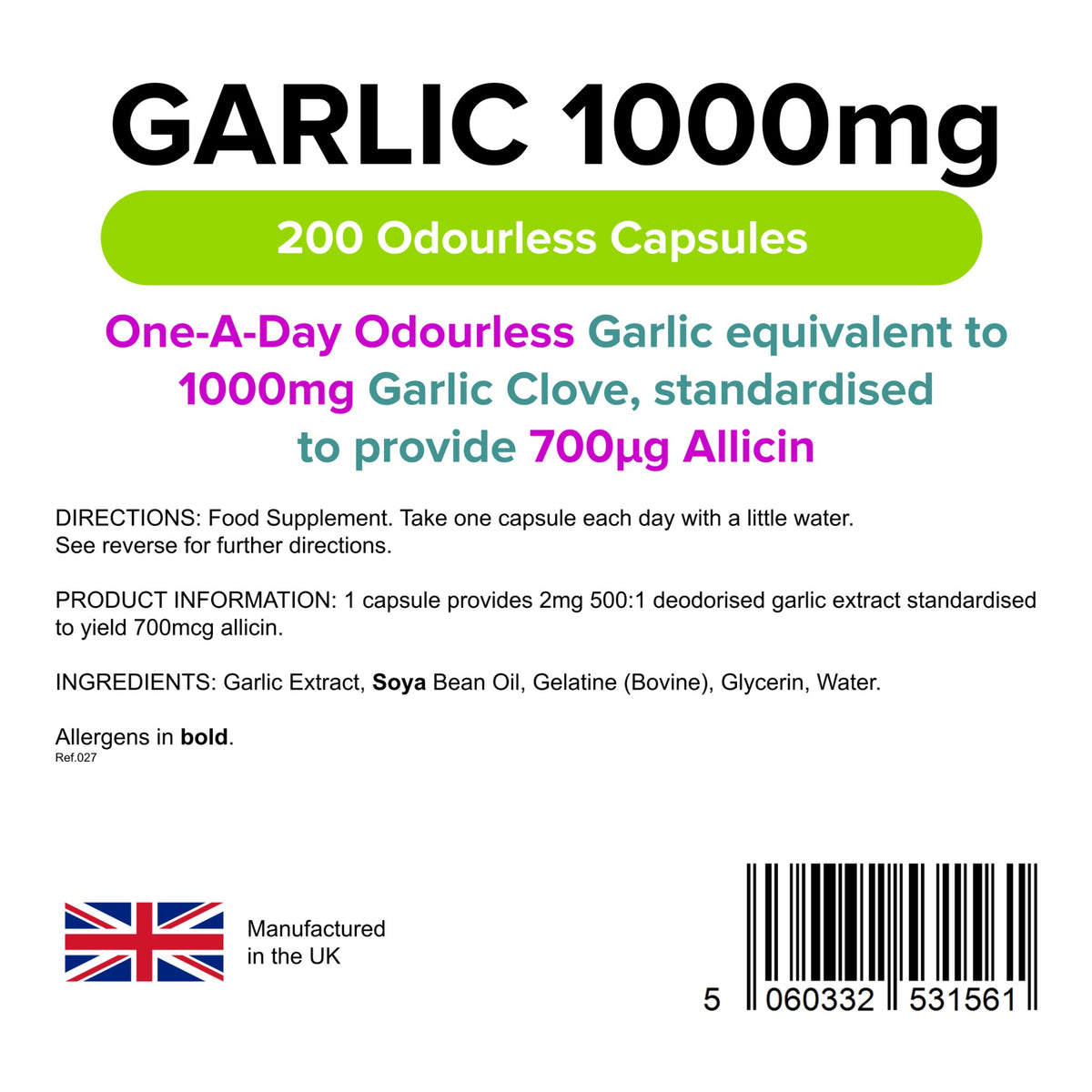 Lindens Garlic 200 Caps – ingredients & nutrition information