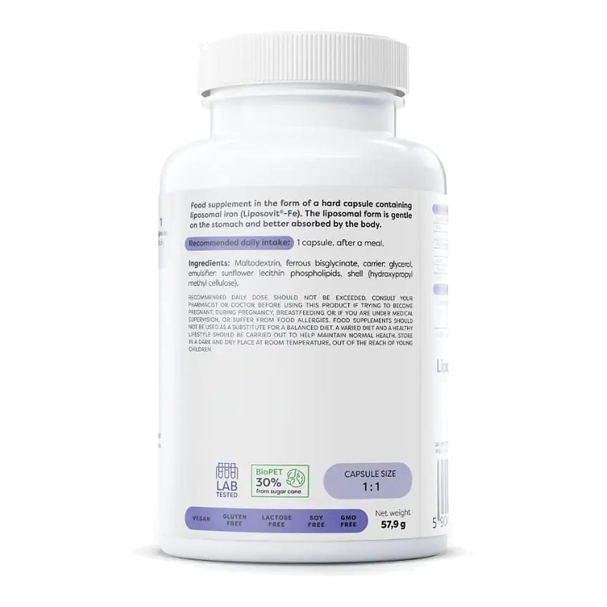 Liposomal Iron 20mg Capsules – ingredients & nutrition information