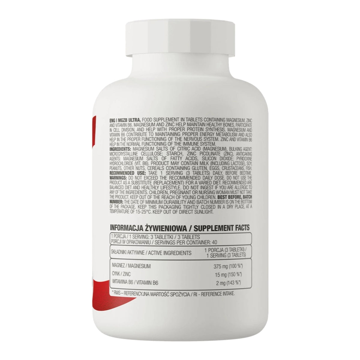 MgZB Ultra - Magnesium, Zinc & B6 (120 Tablets) – ingredients & nutrition information