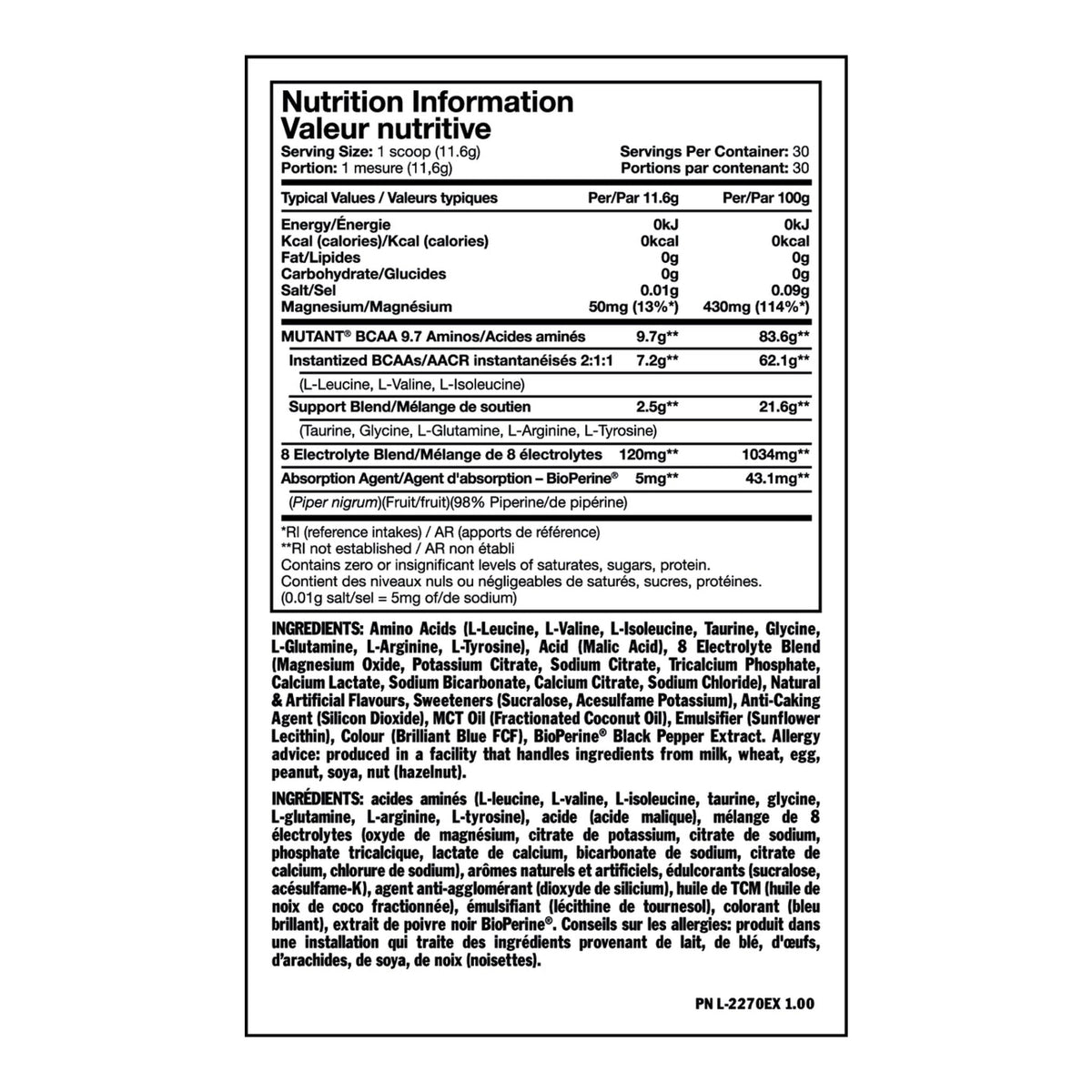 Mutant BCAA 9.7 – Ultimate Muscle Recovery & Endurance Formula (30 Servings, 348g) – ingredients & nutrition information