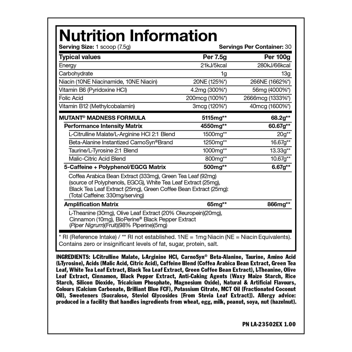 Mutant - Madness 30 servings - 225g – ingredients & nutrition information