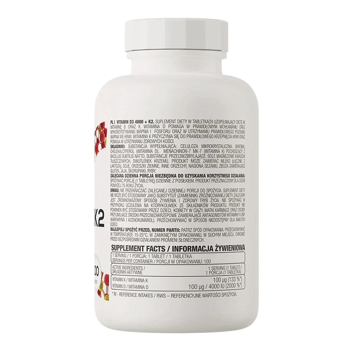 OstroVit D3 4000 + K2 MK-7 – High Strength Vitamin D & K Supplement – ingredients & nutrition information