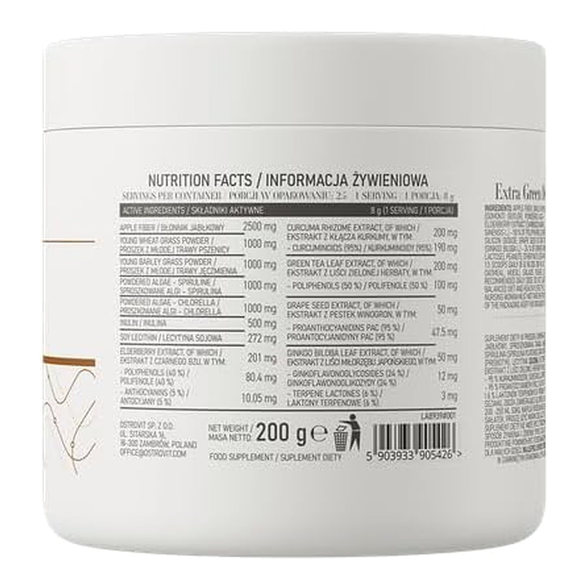 OstroVit Extra Green Superfoods – Plant-Based Greens Powder Blend – ingredients & nutrition information