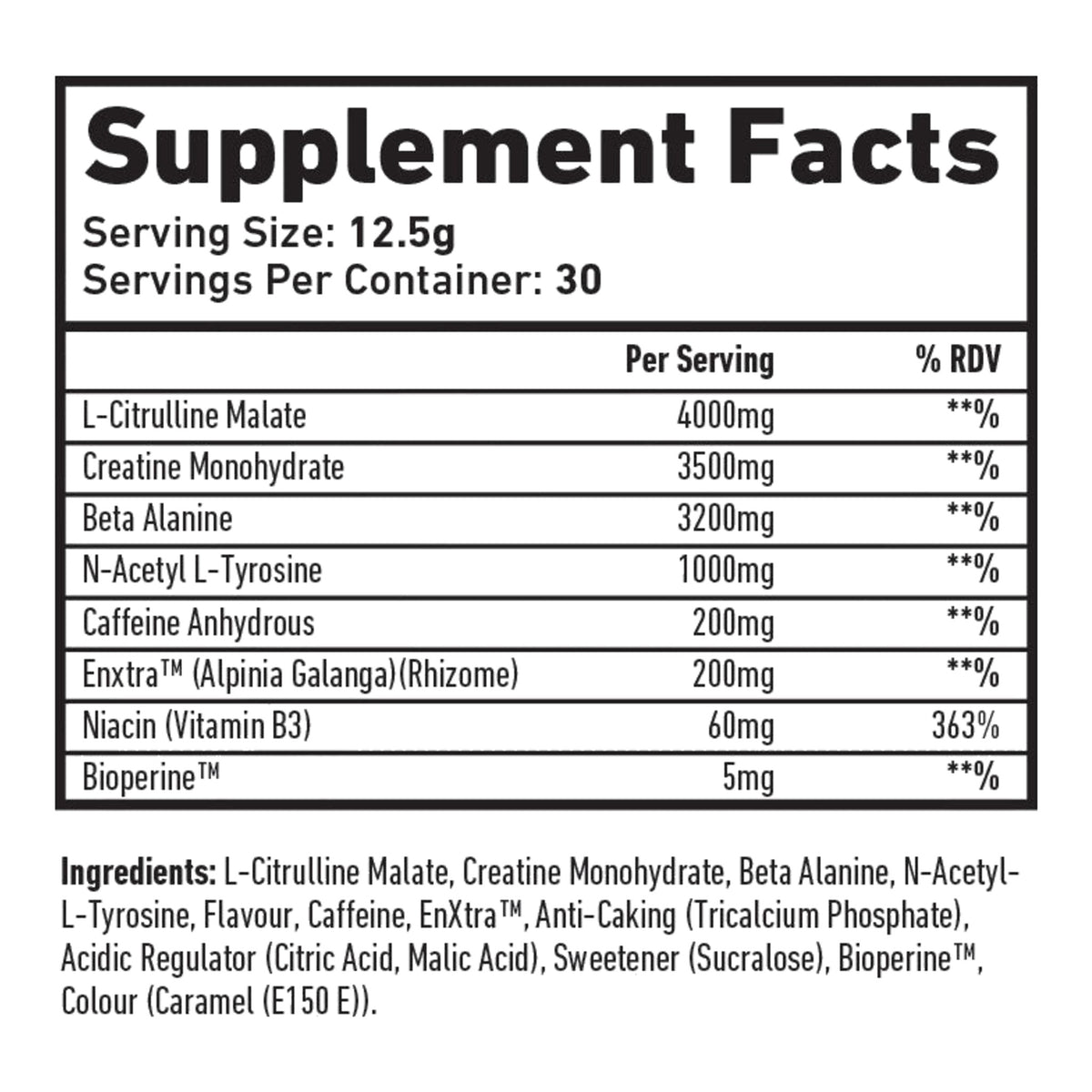 Pre Raw Pre-Workout Powder (375g, 30 Servings) – ingredients & nutrition information