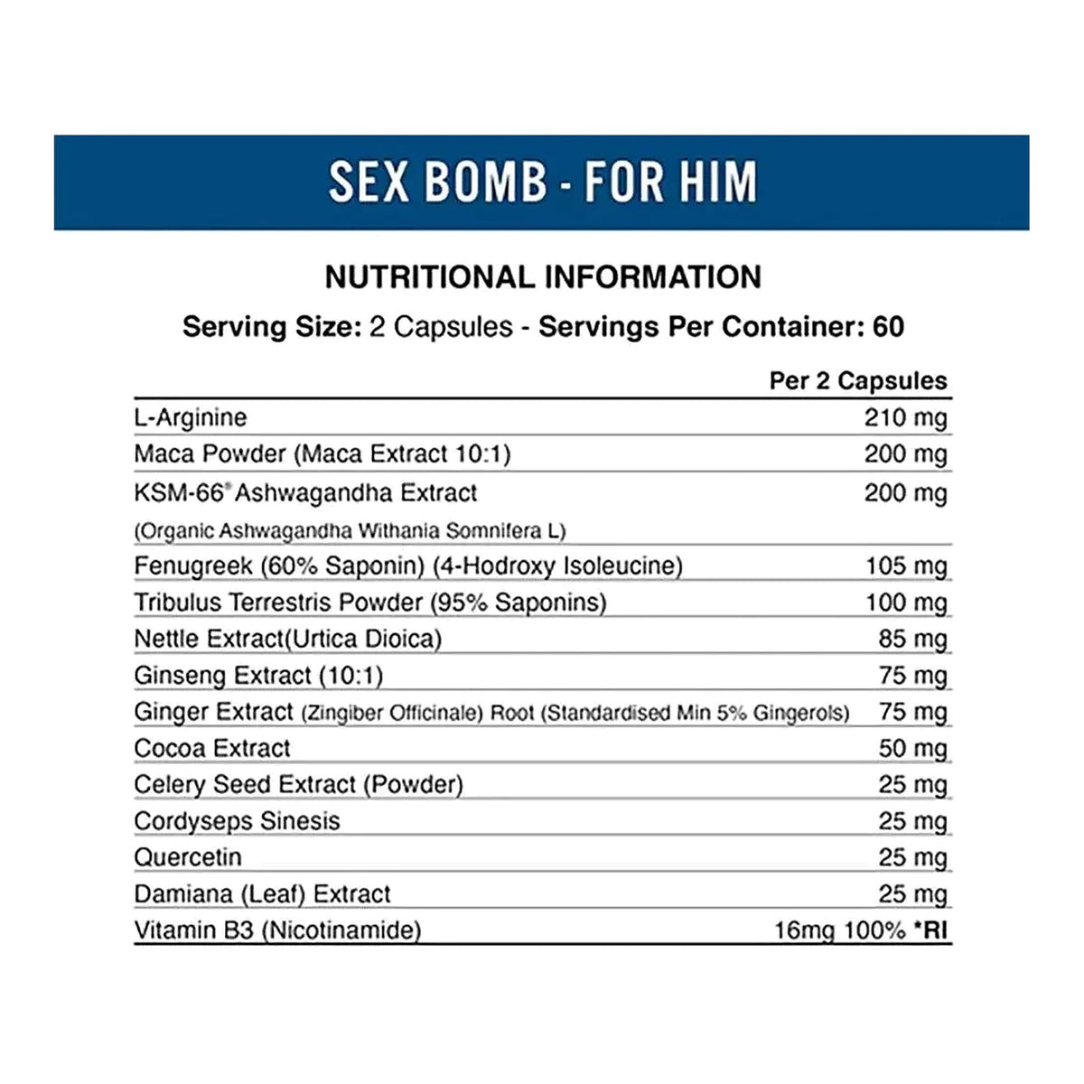 Sex Bomb For Him: Male Libido & Vitality Capsules (120 Caps) – ingredients & nutrition information
