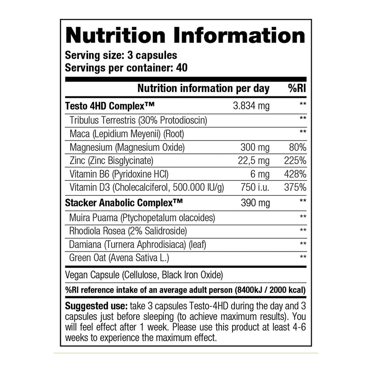 Stacker2 Test 4HD – Men’s Vitality & Performance Support 120 Veg Caps – ingredients & nutrition information