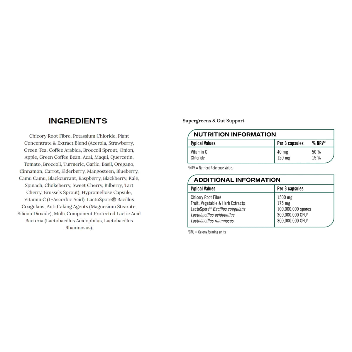 Supergreens & Gut Support (90 Capsules) – ingredients & nutrition information