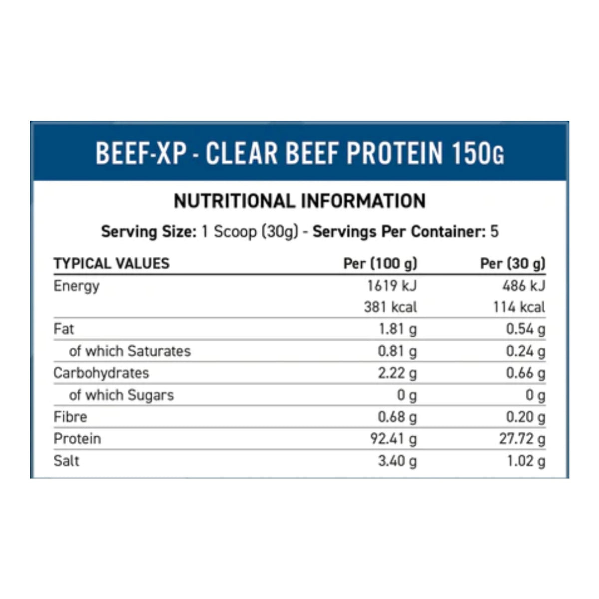 Ultimate Clear Hydrolysed Beef-XP Protein Powder – 150g Beef Isolate – ingredients & nutrition information