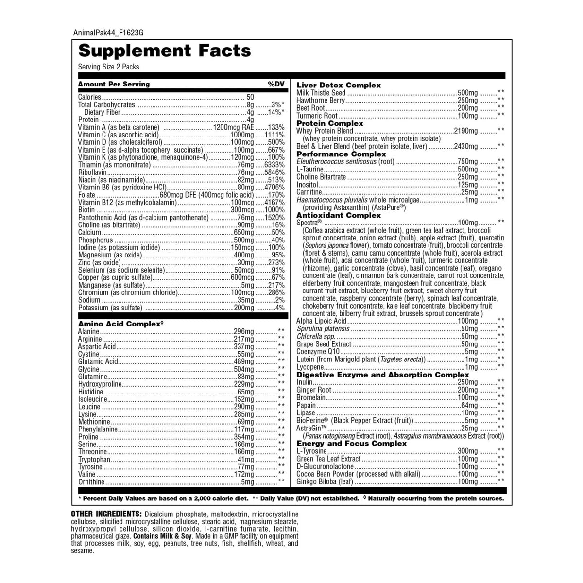 Ultimate Performance Animal Pak Multivitamin Tablets - 44 Pack – ingredients & nutrition information
