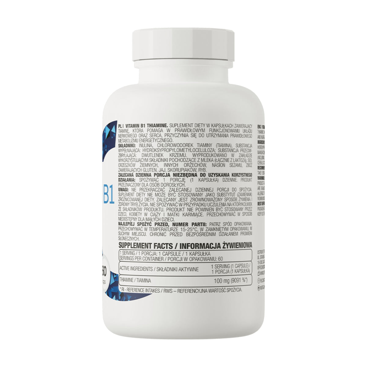 OstroVit Vitamin B1 Thiamine 60 Capsules - ingredients and supplement facts label