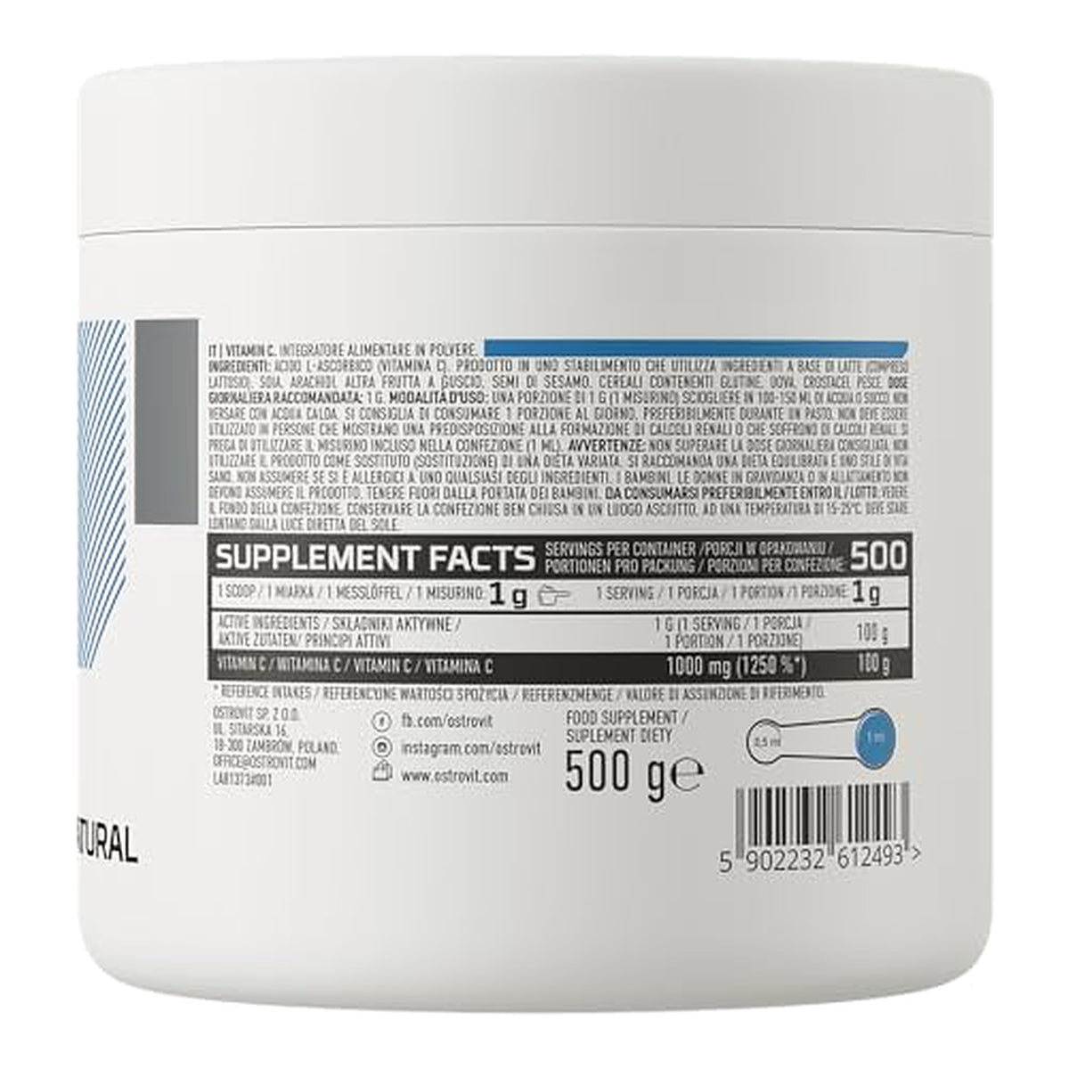 Vitamin C Powder – 1000mg per Serving (500g) – ingredients & nutrition information